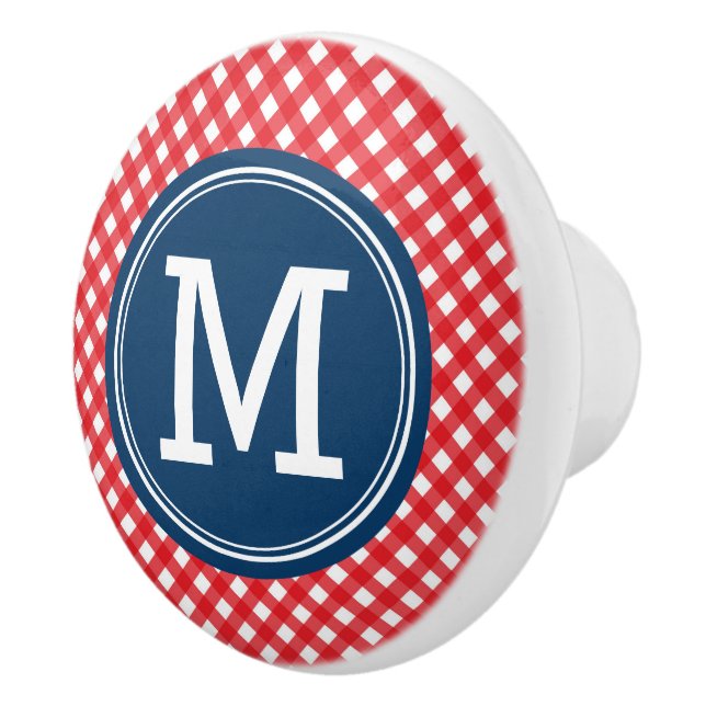 Stilvolle Picnic Red Gingham und Blue Monogram Keramikknauf (Rechts)