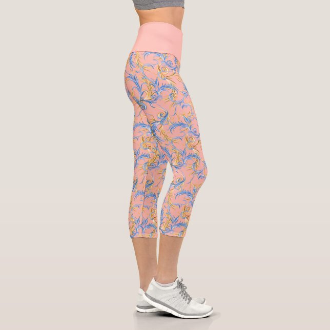 Stilvolle Pink Blue Arabesque Muster Yoga Übung Capri Leggings (Rechts)