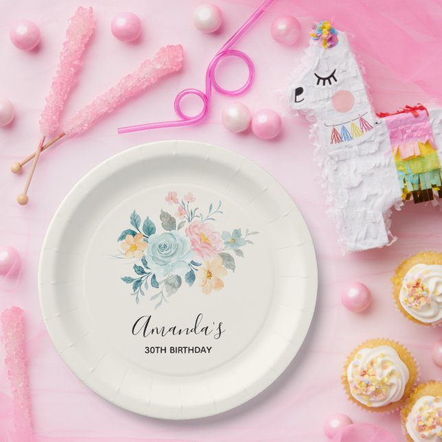 Stilvolle Pink & Blue Blume Bouquet Geburtstag Pappteller (Party)