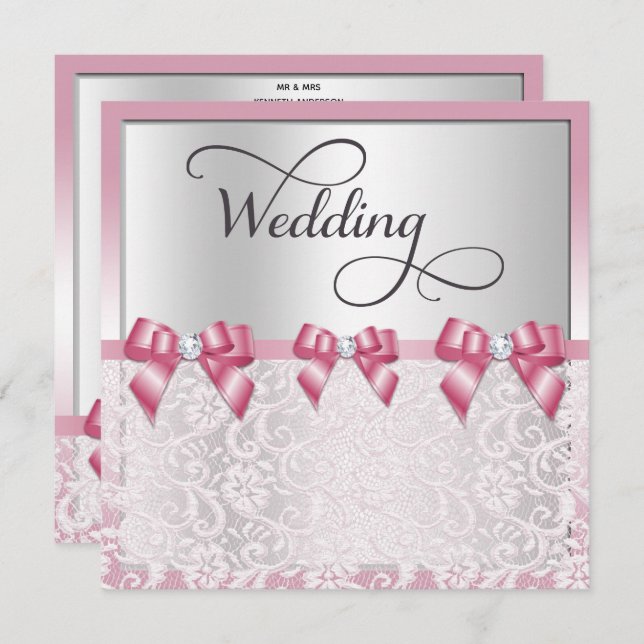 Stilvolle Pink Bows & Lace Wedding Einladung (Vorne/Hinten)
