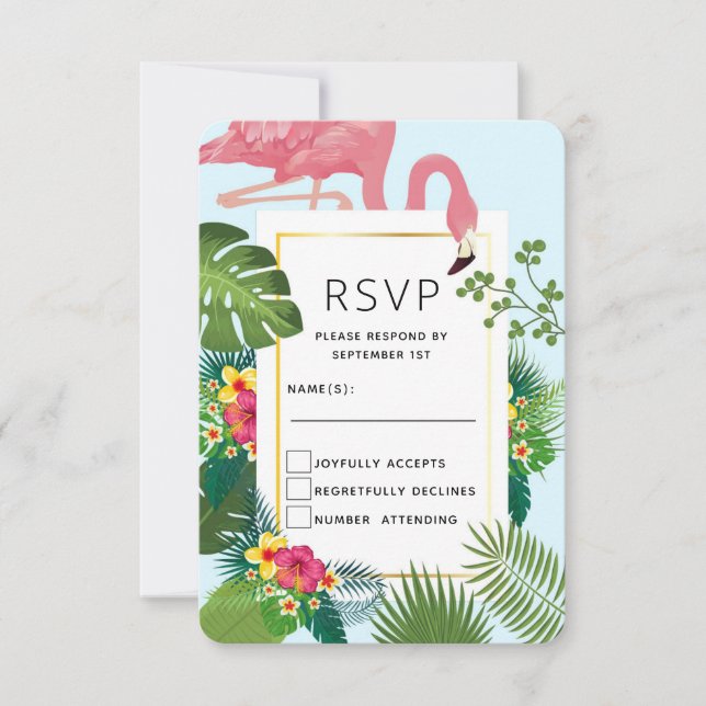 Stilvolle Pink Flamingo und tropische Blätter Hoch RSVP Karte (Vorderseite)