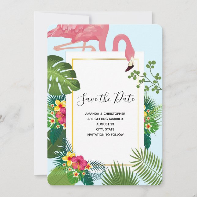 Stilvolle Pink Flamingo und tropische Blätter Hoch Save The Date (Vorderseite)