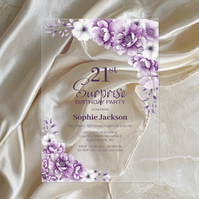 Stilvolle Pink Floral Überraschung 21. Geburtstag  Acryleinladungen (Von Creator hochgeladen)
