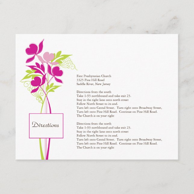 Stilvolle Pink & Green Bouquet Direction Card Begleitkarte (Vorderseite)