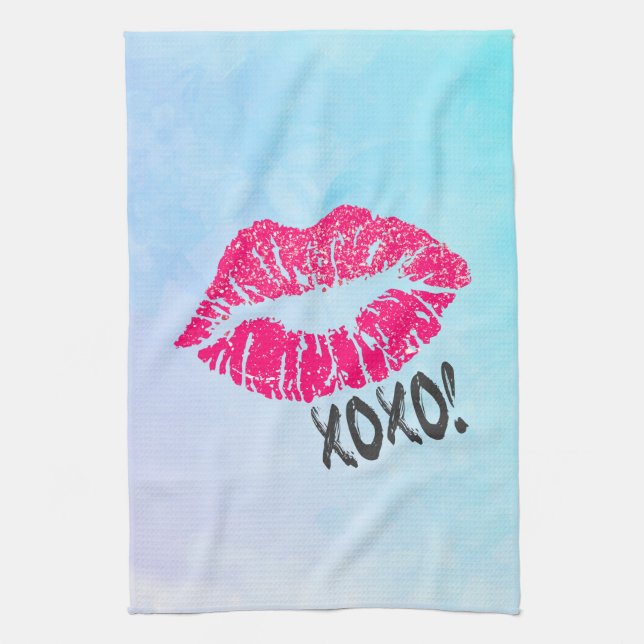 Stilvolle Pink Kissy Lips mit Xoxo! Blaue Farbe Geschirrtuch (Vertikal)