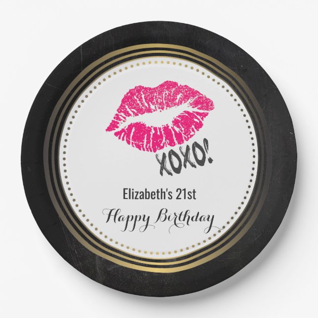 Stilvolle Pink Kissy Lips mit Xoxo! Happy Birthday Pappteller (Vorderseite)