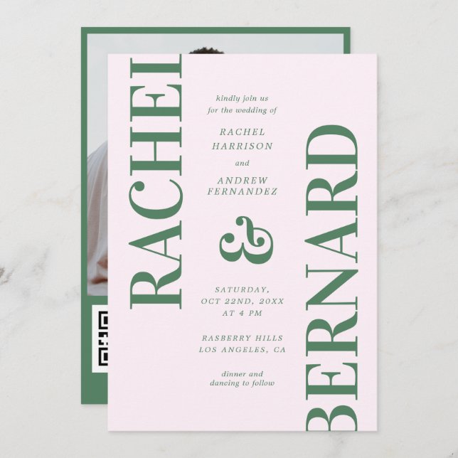 Stilvolle Pink und grüne Typografie QR Code Weddin Einladung (Vorne/Hinten)