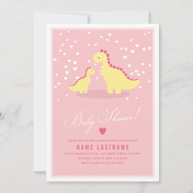 Stilvolle Pink Yellow Dino Girl Babydusche Einladu Einladung (Vorderseite)