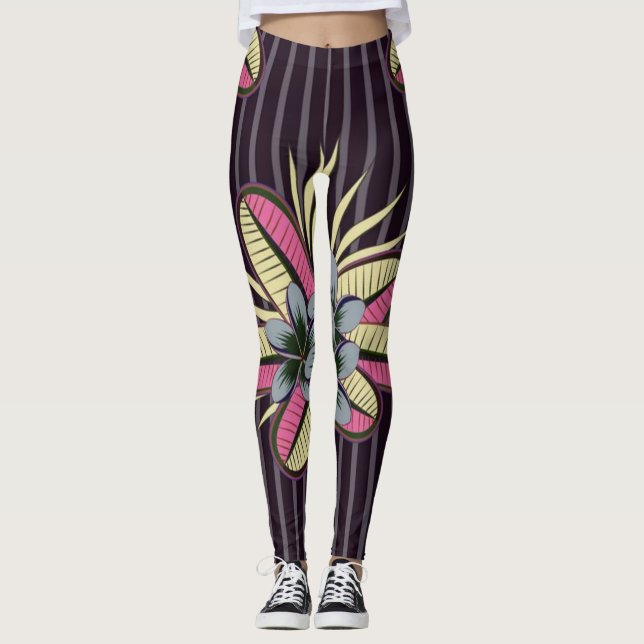 Stilvolle Plumeria-Blume Blätter Violett Grau Leggings (Vorderseite)