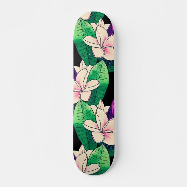 Stilvolle Plumeria Blume Tropical Green Foliage Skateboard (Vorne)