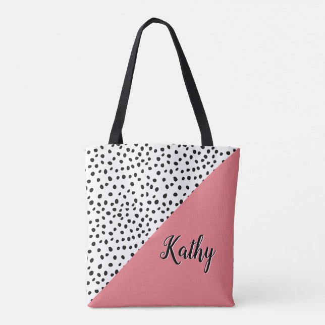 Stilvolle Polka Dot Pink & Black mit Name Tote Bag (Rückseite)