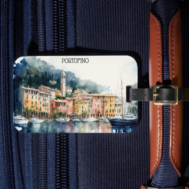 Stilvolle Portofino Italien Wasserfarben Malerei Gepäckanhänger (Vorderseite Insitu 4)