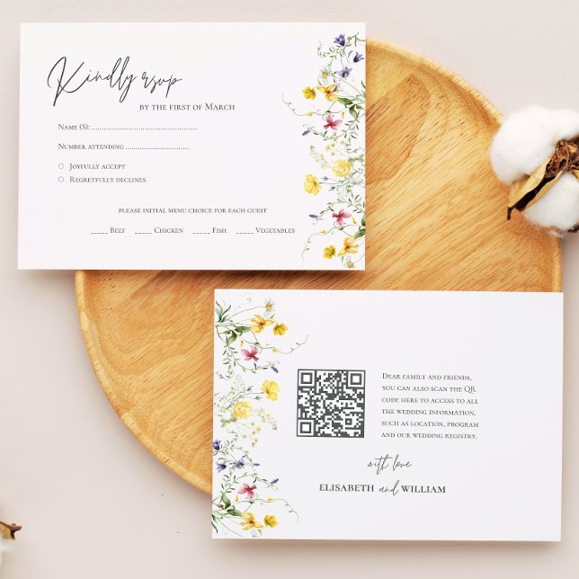 Stilvolle Qr Code Wasserfarben Wildblumen Hochzeit RSVP Karte (Von Creator hochgeladen)