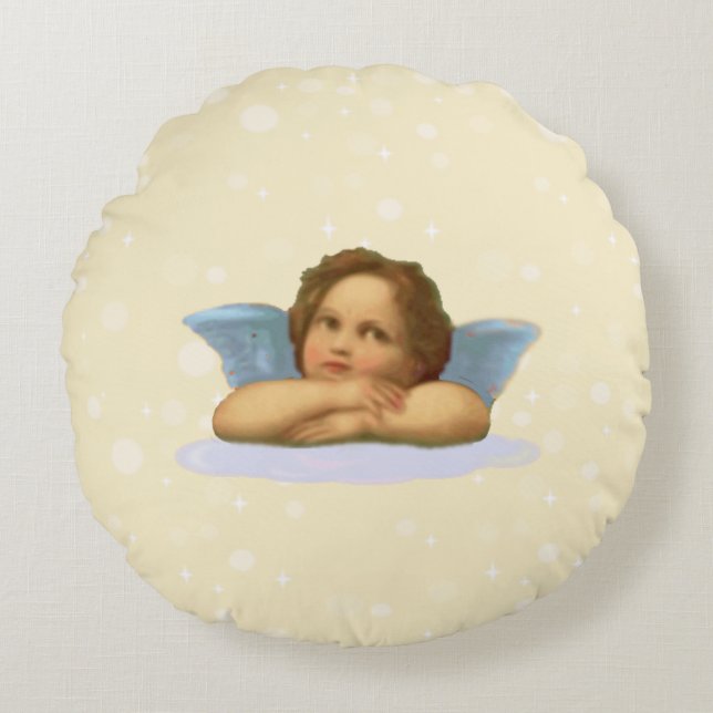 Stilvolle Raphael Cherub auf Light Beige Rundes Kissen (Vorderseite)
