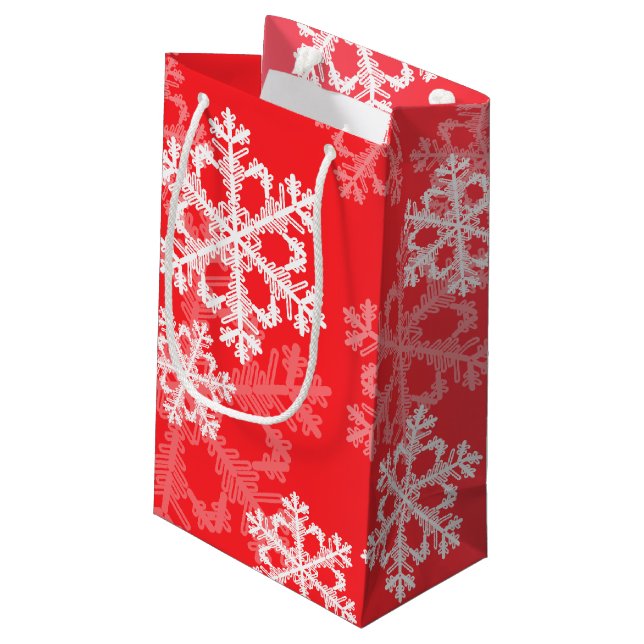 Stilvolle Red Snowflakes Modernes Weihnachtsmuster Kleine Geschenktüte (Rückseite Schrägansicht)