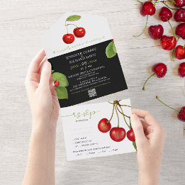 Stilvolle Red White Black Cherry Frucht QR Hochzei All In One Einladung
