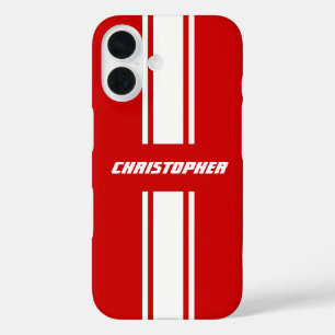 Stilvolle Red White Racing Stripes Mit Monogramm B iPhone 16 Hülle