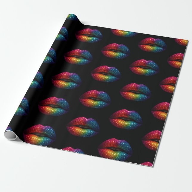 Stilvolle Regenbogenlips-Glitzer schwarz Geschenkpapier (Ungerollt)