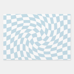 Stilvolle Retro Blue Pastel Warped Checkerboard Geschenkpapier Set