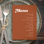Stilvolle Retro-Orangenhochzeit Menükarte<br><div class="desc">Ein Retro-Chic-Thema: adoptier dieses leicht Vintage und stilvolle typografische Design für Ihre Hochzeitsarbeit mit einem verbrannten Orange,  Terrakotta,  braunem Zucker und pfirsichrosa Thema. Vollständig anpassbarer Text,  Farben und Hintergrund.</div>