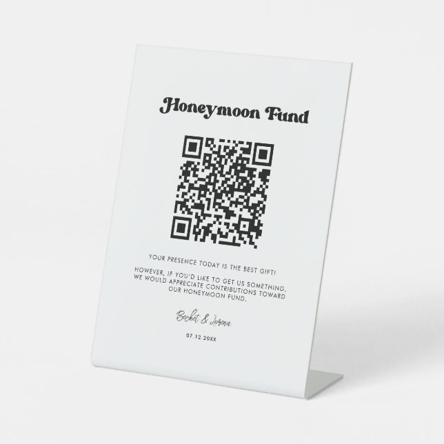 Stilvolle Retrofonds schwarz-weiß Honeymoon QR-Cod Sockelschild (Vorderseite)