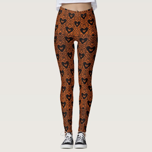 Stilvolle Rollen und schwarze Herzen auf Kupfer Leggings (Vorderseite)
