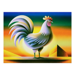 Stilvolle Rooster gegen lebendigen Sonnenuntergang Poster