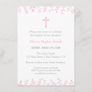 Stilvolle Rosa Blätter Cross-Taufe Einladungen
