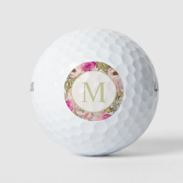 Stilvolle Rosa Blume Grüne Blätter Monogram Women Golfball
