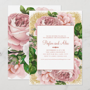 Stilvolle rosa Blumen Gold Glitter Verlobungsfeier Einladung