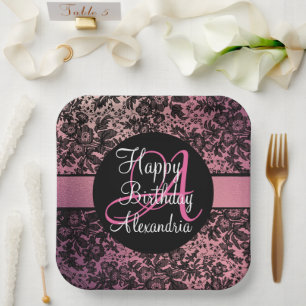 Stilvolle Rosa Blush Black Floral Monogram Birthda Pappteller