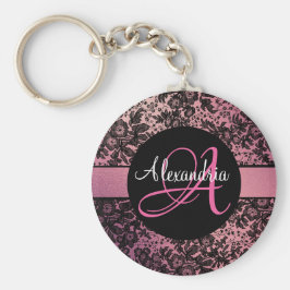 Stilvolle Rosa Blush Black Floral Monogram Schlüsselanhänger