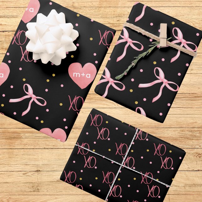 Stilvolle rosa Bows Herz & XOs auf schwarzem Hinte Geschenkpapier Set (Von Creator hochgeladen)