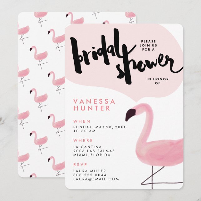 Stilvolle Rosa Flamingo Bridal Dusche Einladung (Vorne/Hinten)
