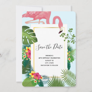Stilvolle Rosa Flamingo und tropische Blätter zum  Save The Date