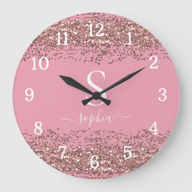 Stilvolle Rosa Glitzer Monogram Script Name Große Wanduhr (Vorderseite)