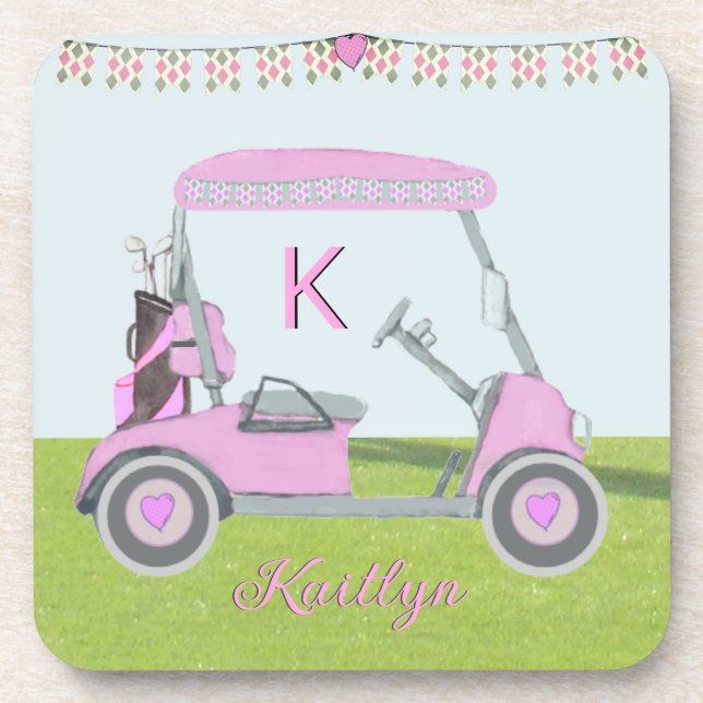 Stilvolle Rosa Golf Cart Monogram Name Getränkeuntersetzer (Vorderseite)