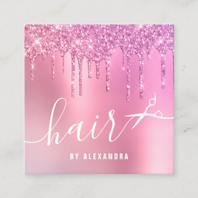 Stilvolle Rosa Rosa Glitzer Tropfen Schere Haar Quadratische Visitenkarte (Vorderseite)