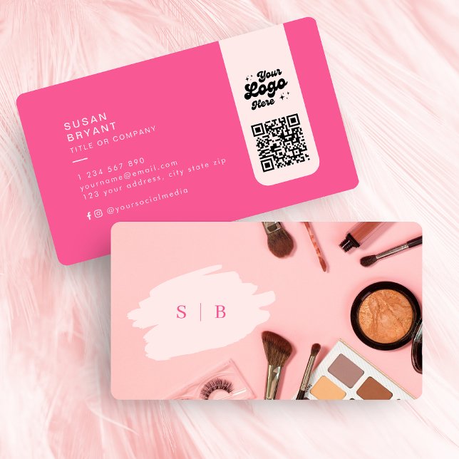Stilvolle rosa Schminksteine Foto qr Logo Visitenkarte (Stylish pink makeup initials photo qr code logo business card)