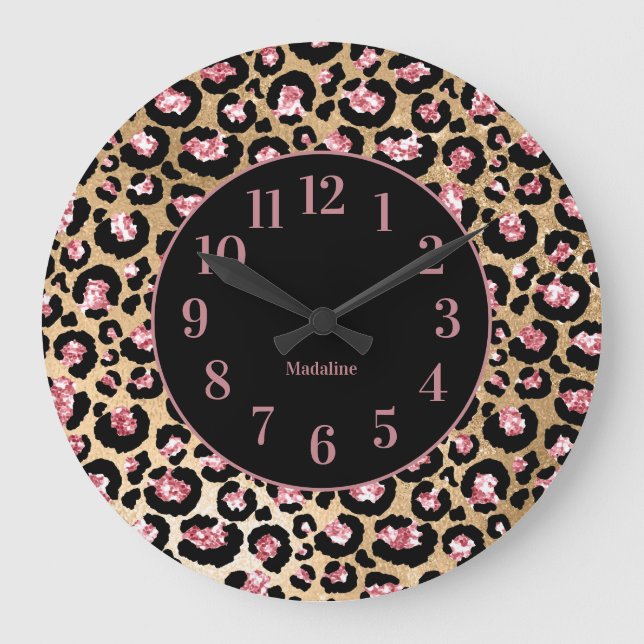 Stilvolle rosa schwarze Geparde Leopard Print Mono Große Wanduhr (Vorderseite)