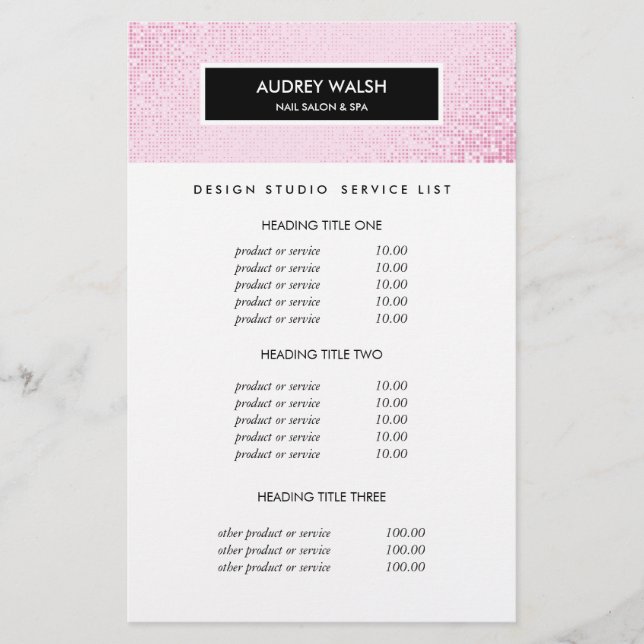 Stilvolle Rosa Sequin Salon Pricing & Services Flyer (Vorne)