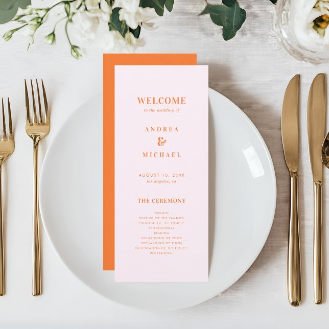 Stilvolle Rosa und orange Typografie Hochzeit Programm (Von Creator hochgeladen)