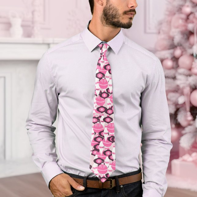 Stilvolle Rosa und schwarze Retro-Ornamente Weihna Krawatte (festive pink and black Christmas neck tie with colorful ornaments)