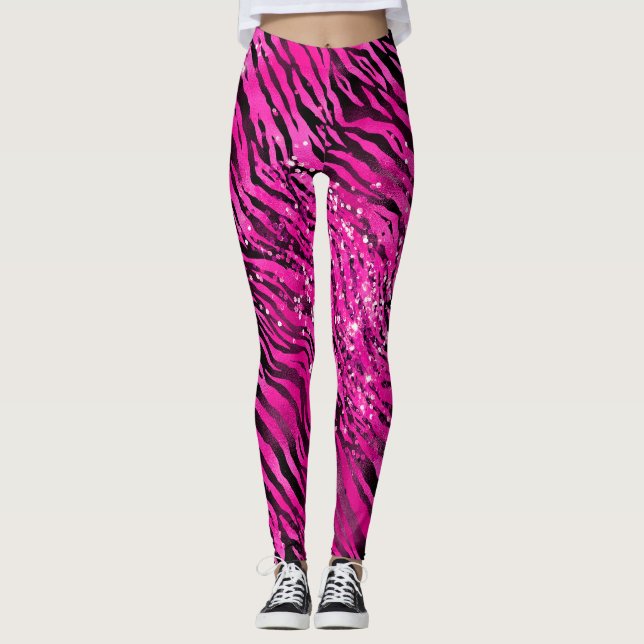 Stilvolle Rosa und Schwarzer Glitzer Tiger Streife Leggings (Vorderseite)