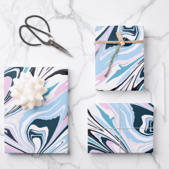 Stilvolle, rosafarbene Acrylic Pouring Geschenkpapier Set (Vorderseite)