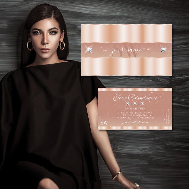 Stilvolle Rose Coral Sparkle Jewels Monogram Elega Visitenkarte (Von Creator hochgeladen)