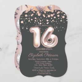 Stilvolle Rose Gold Dot, Balloons Sweet 16 Einladung
