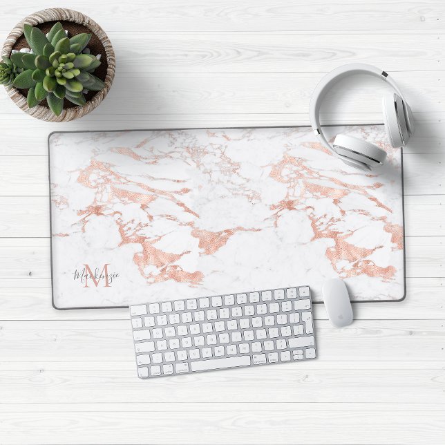 Stilvolle Rose Gold Foil Marmor Monogram Schreibtischunterlage (Chic Rose Gold Marble Desk Mat Mouse Pad)