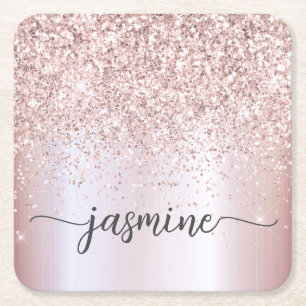 Stilvolle Rose Gold Glitzer Monogram Name Signatur Rechteckiger Pappuntersetzer