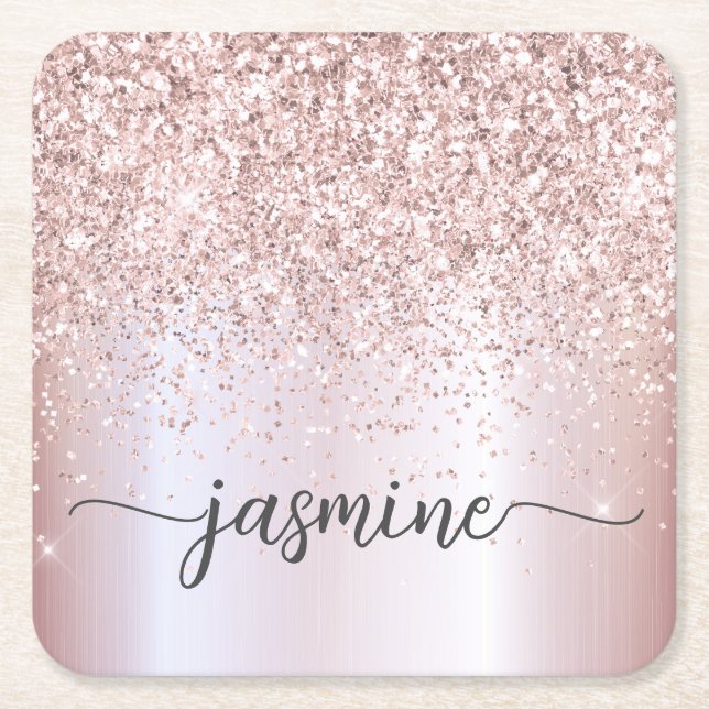 Stilvolle Rose Gold Glitzer Monogram Name Signatur Rechteckiger Pappuntersetzer (Vorderseite)